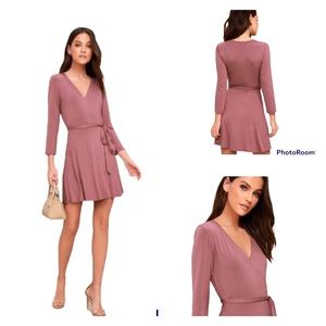 LULU'S Mauve Pink 3/4 Sleeve Twirl Worthy Jersey Mini Wrap Dress Size Medium